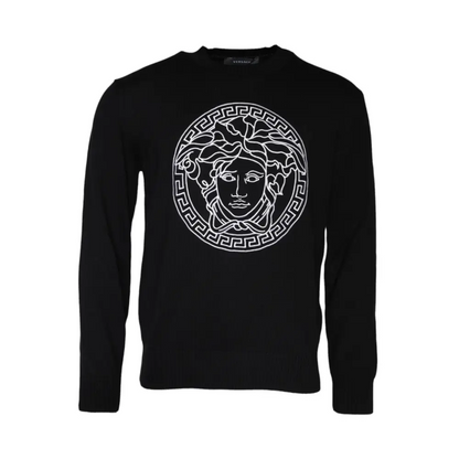 Versace Black Medusa Embroidery Crew Neck Pullover Sweater - Sweaters