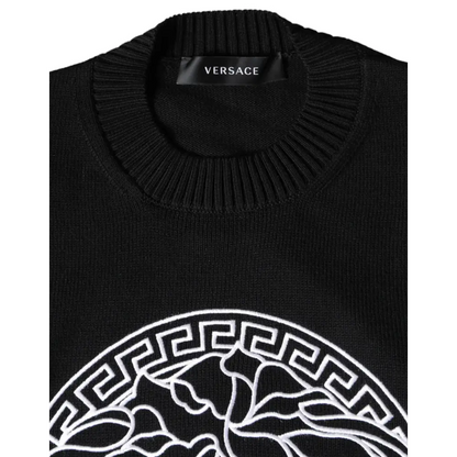 Versace Black Medusa Embroidery Crew Neck Pullover Sweater - Sweaters