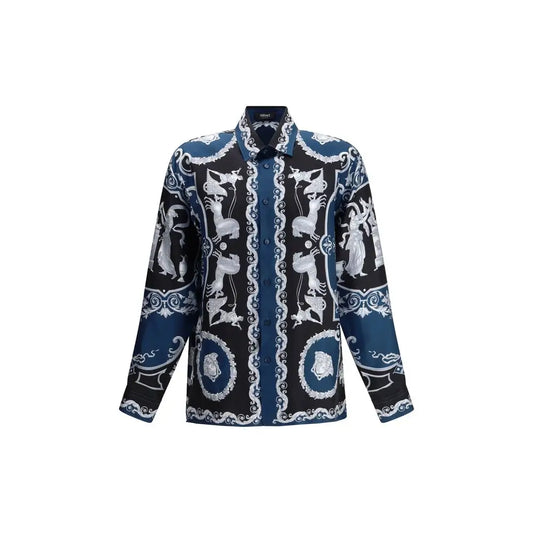 Versace blå silke mønster shirt i navy blå og sort med hvidt mønster