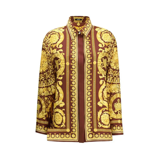 Luksuriøs Versace Bordeaux silk mønster shirt med guld og burgund baroque mønster