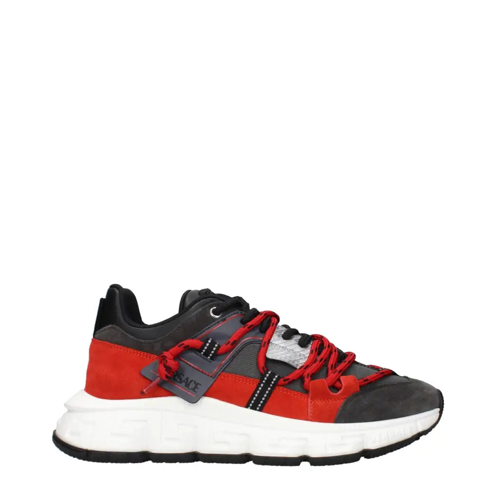 Versace grå læder chunky sneakers med rød-sort design og hvid sål