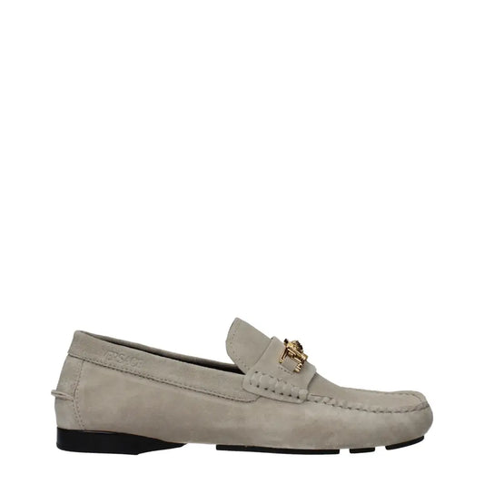 Versace grå suede slip-on loafers med guld Medusa-spænde