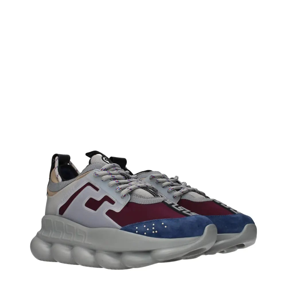 Versace multicolor fabric chunky sneakers i grå, bourgogne og marineblå
