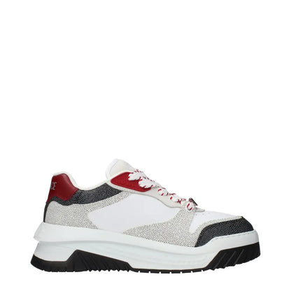 Versace white leather chunky sneakers with black speckles and red accents