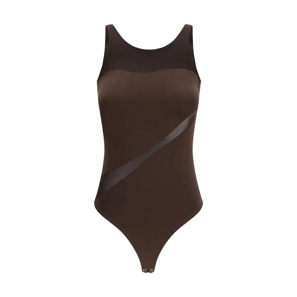 Sleek Wolford brown polyamide bodysuit med mesh-panel