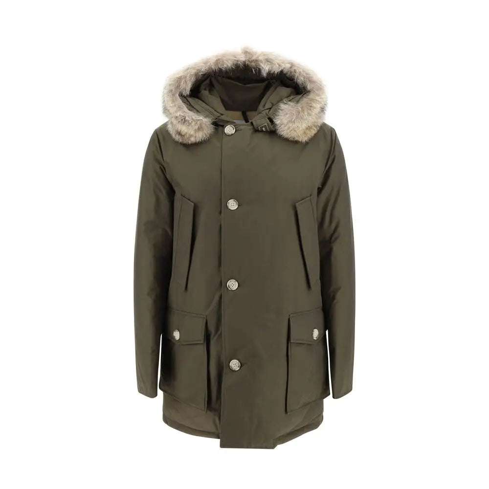 Woolrich parka arctic jacket in olive green with fur-lined hood and silver buttons