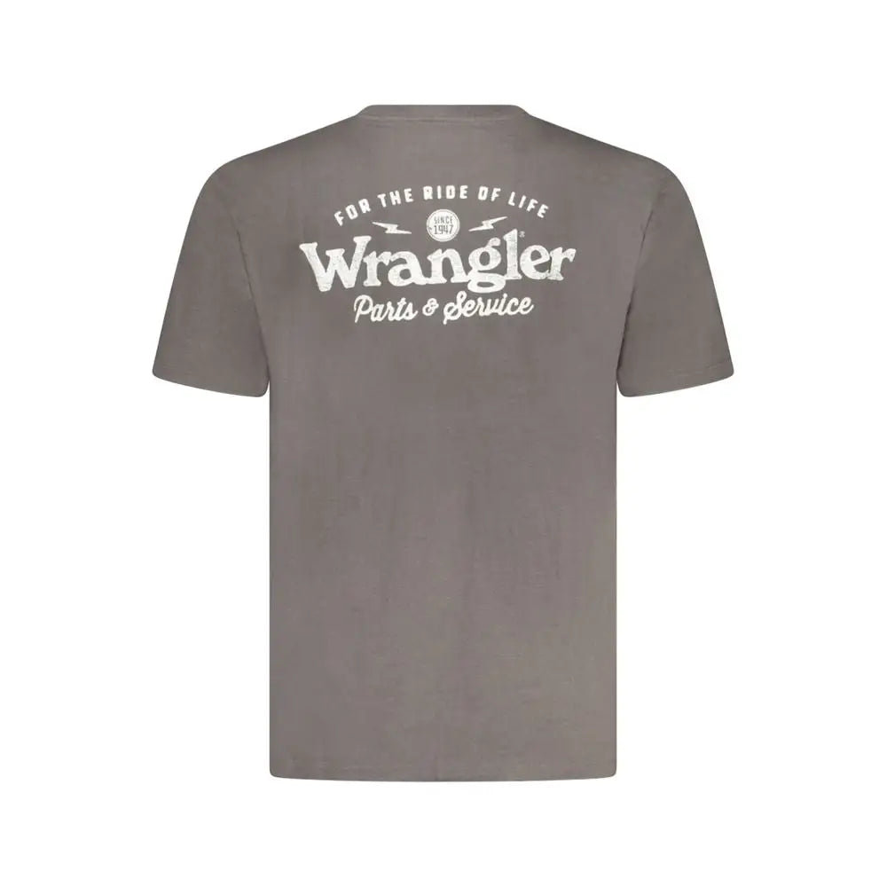Wrangler sort sort trøje i sort bomuld, bagside med grå grafik for the ride of life og parts service